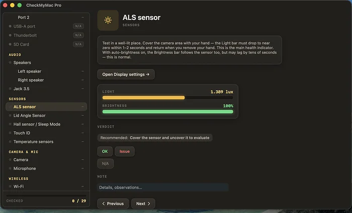 Ambient light sensor test with a live lux reading and the matching screen brightness bar