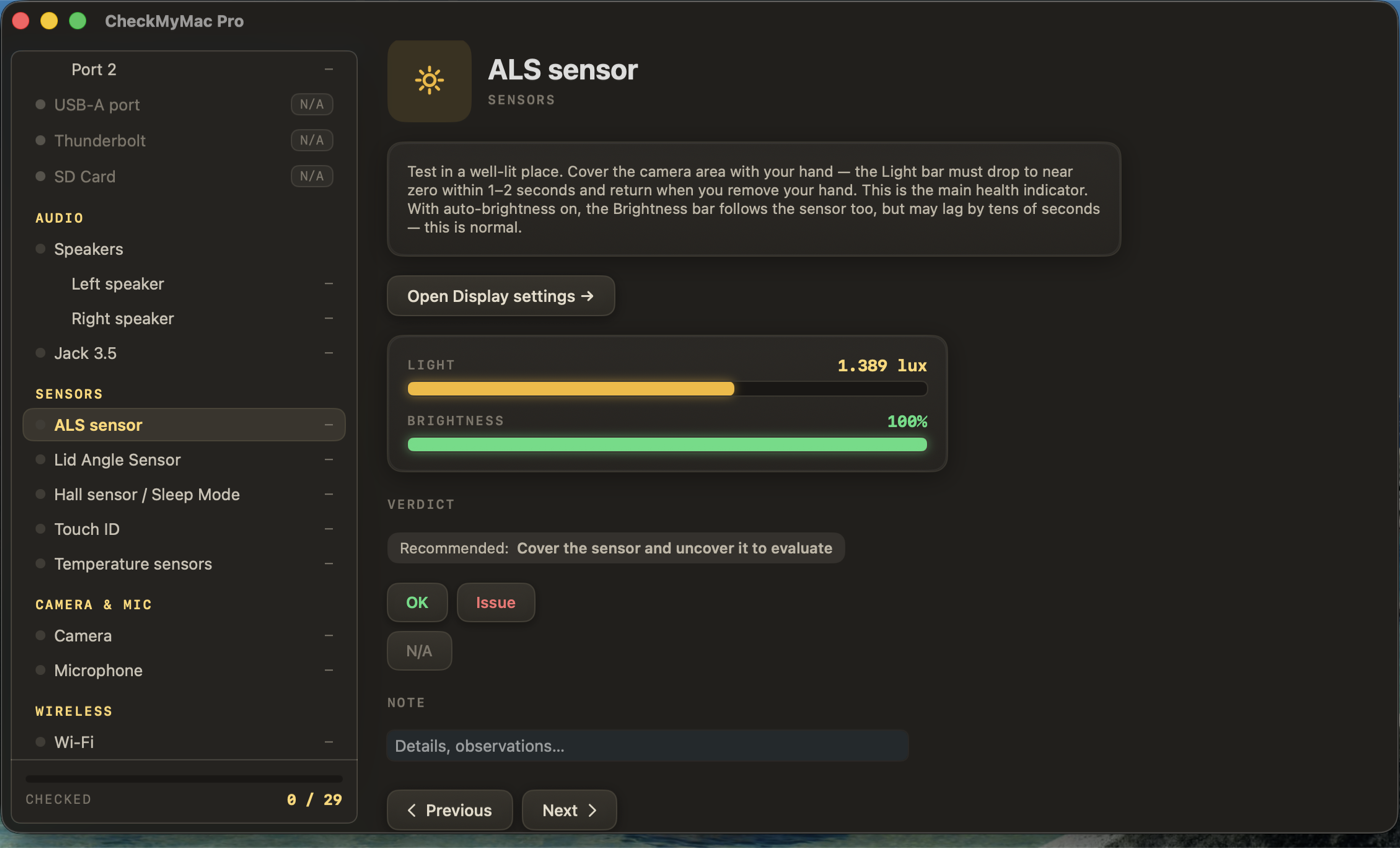 Ambient light sensor test with a live lux reading and the matching screen brightness bar