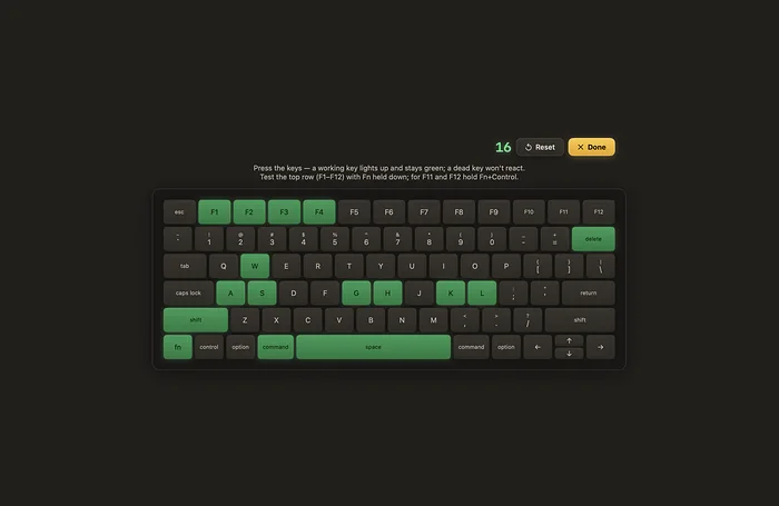 Full-screen keyboard test with pressed keys lighting up green