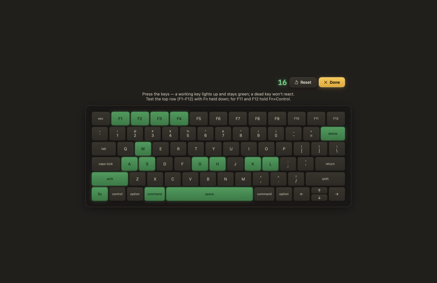 Full-screen keyboard test with pressed keys lighting up green