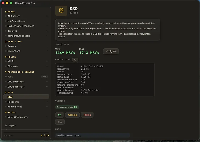 SSD panel with SMART health data and measured write and read speed