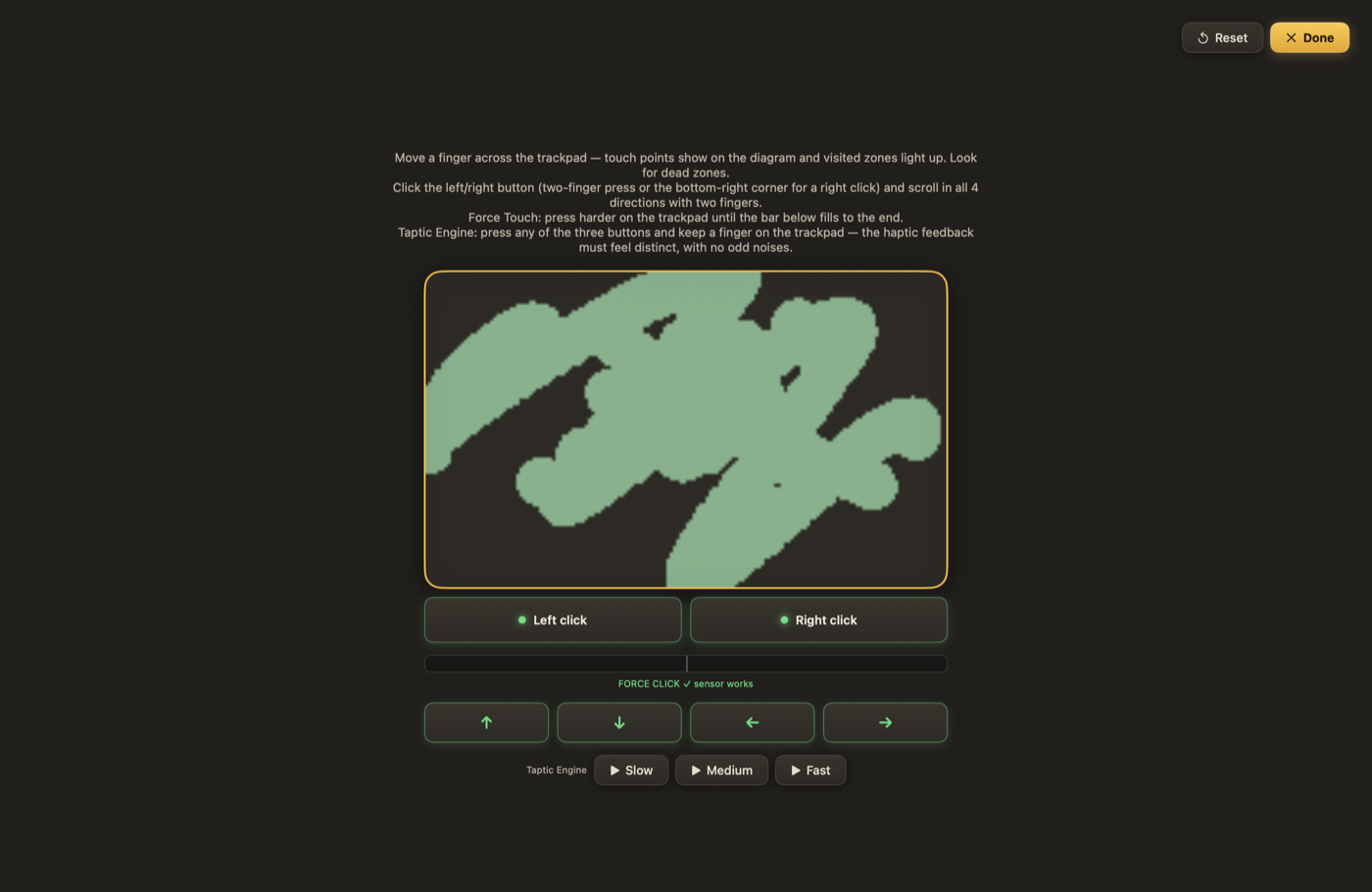 Trackpad coverage test painting visited zones, with Force Touch pressure bar